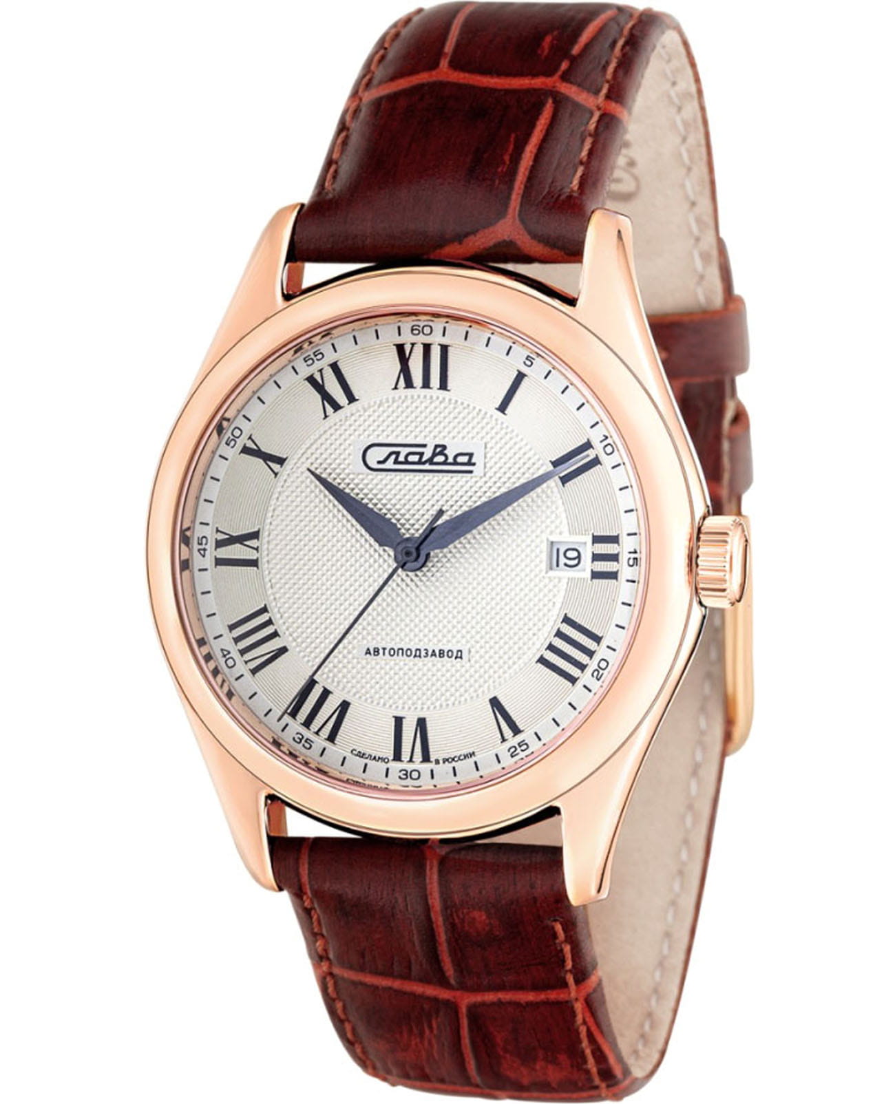 Слава Слава ПРЕМЬЕР 1493296/300-8215  1493296/300-8215 механические мужские часы белый циферблат, браслет кожаный — вид спереди